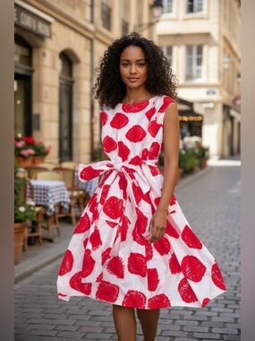 Samantha Sung Red and White Sleeveless Dress, Size 10